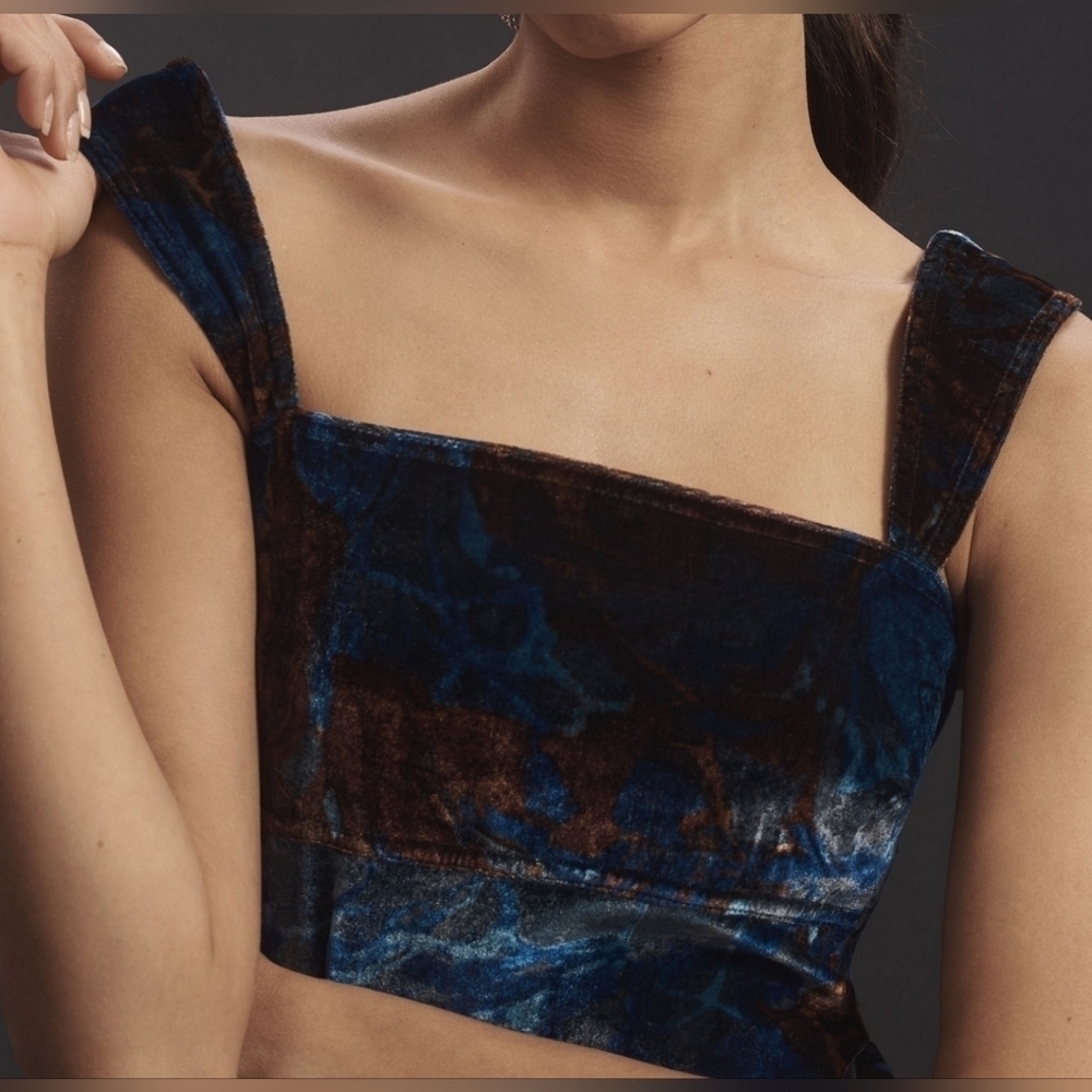Pilcro by Anthropologie Velvet Flyaway Open Back Tank Top, Blue Brown Pattern, L - Picture 4 of 14